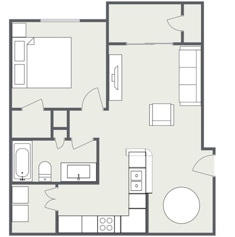Floor plan for 1 bed, 1 bath, 701 sqft